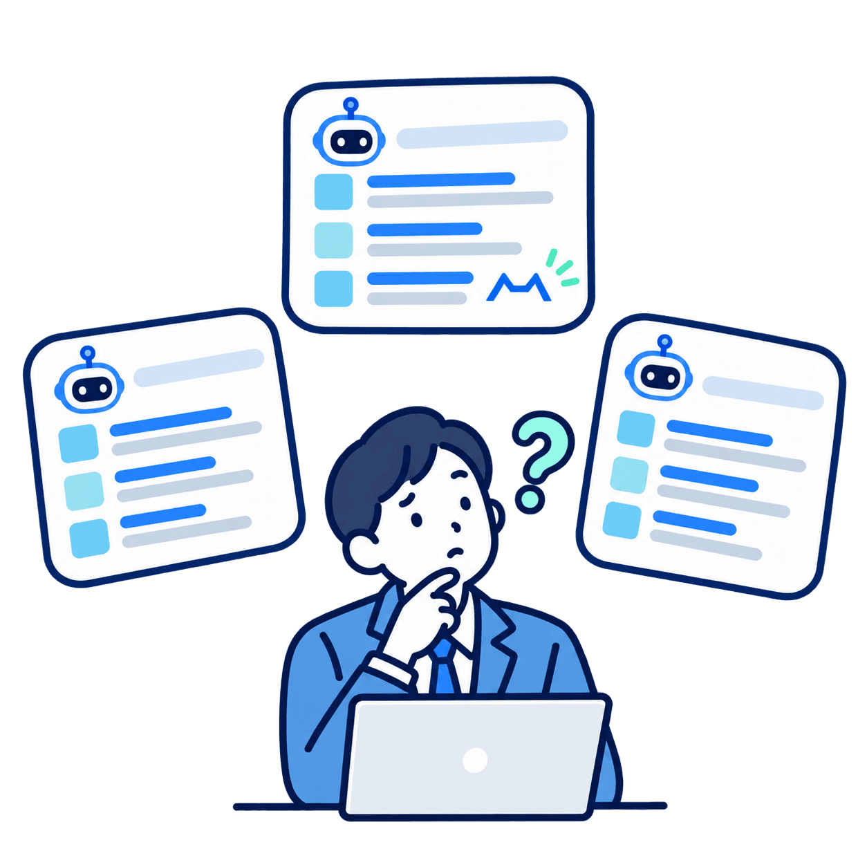 複数のAI検索結果を見比べながら悩む担当者のイラスト