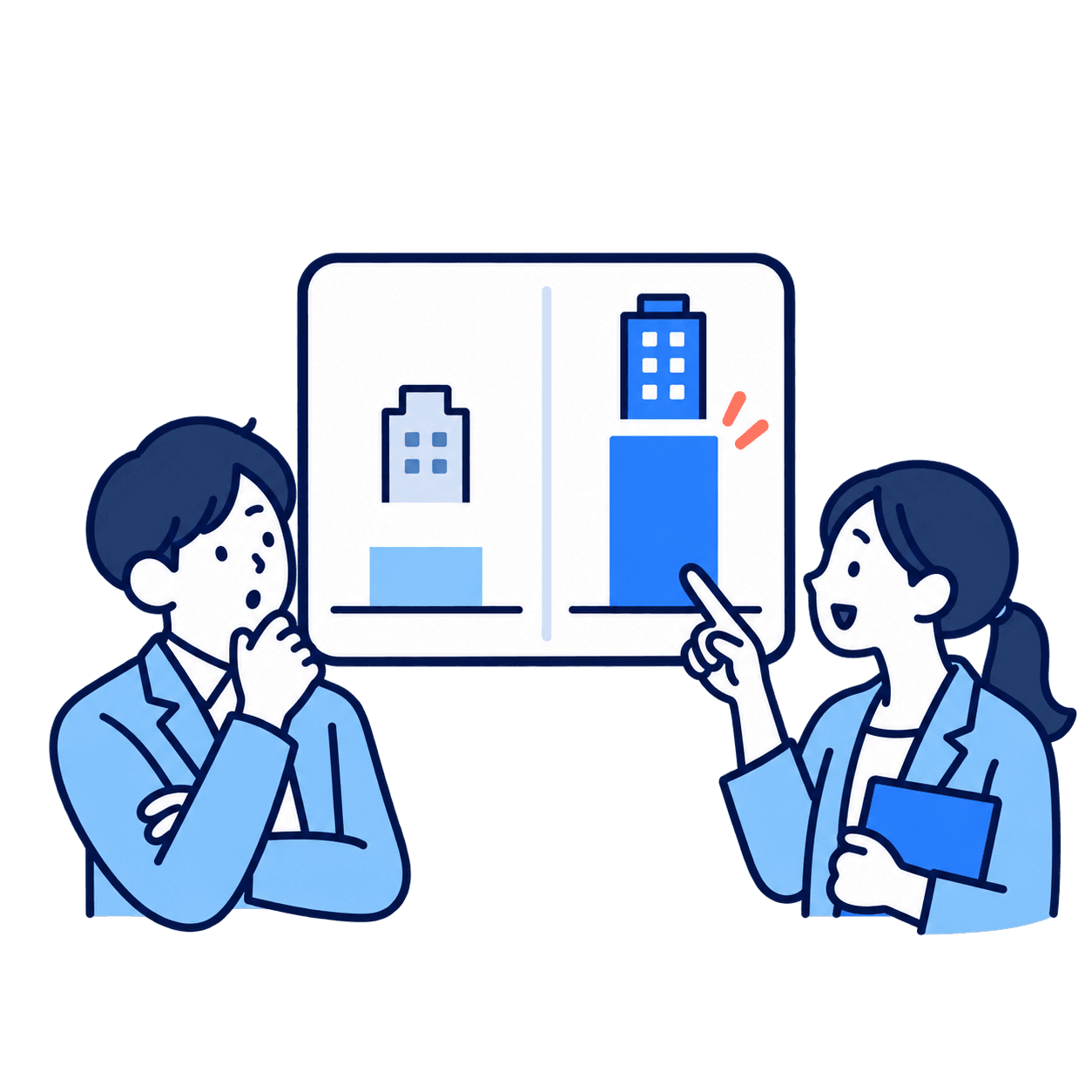 自社と競合の差を比較するマーケティング担当者のイラスト
