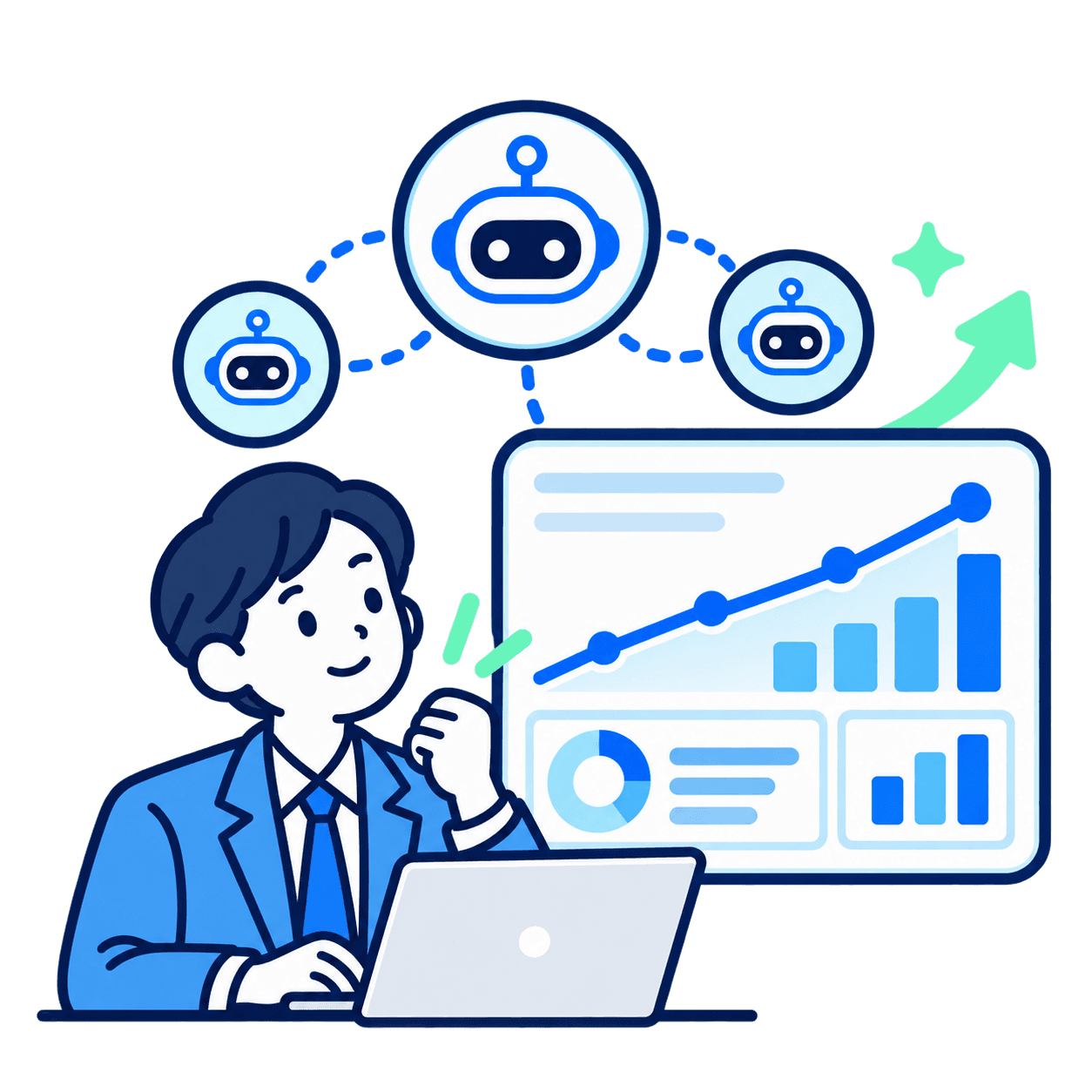 ダッシュボードでAI検索の分析を始める担当者のイラスト